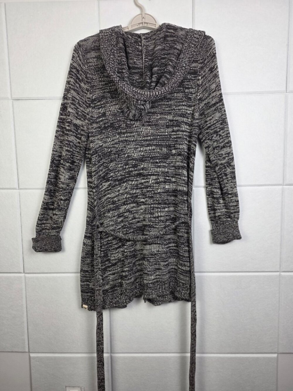 Roxy Hooded Open Front, Tie Waist Cardigan Sweater XL Black White Marled - Picture 3 of 8